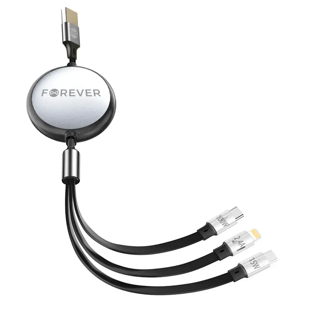 Forever datu pārraides un uzlādes vads | USB-A uz USB-C, USB-C, Lightning | 100W | 1.2m | melns