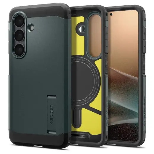 Spigen Tough Armor Mag telefono dėklas su MagSafe palaikymu Samsung Galaxy S26+ (S947) žalias