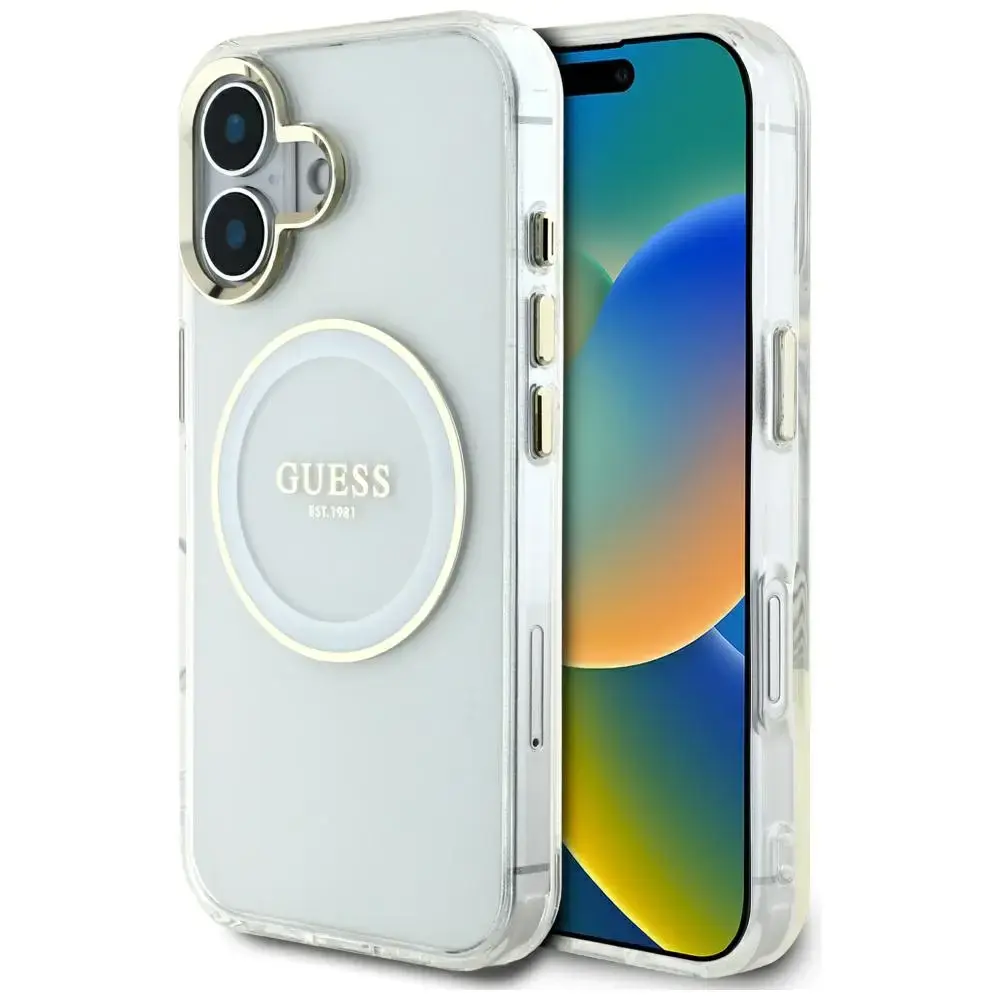 Guess IML Metāla Krāsains Aplis Klasiskais Logo MagSafe telefona maciņš iPhone 16 balts