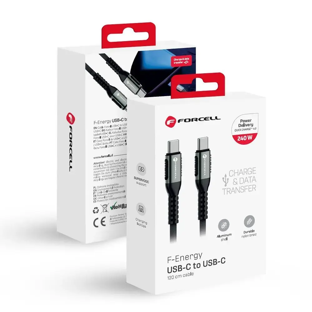 Forcell C263 datu pārraides un uzlādes vads | USB-C uz USB-C | QC 4.0, PD | 240W | 1.2m | melns