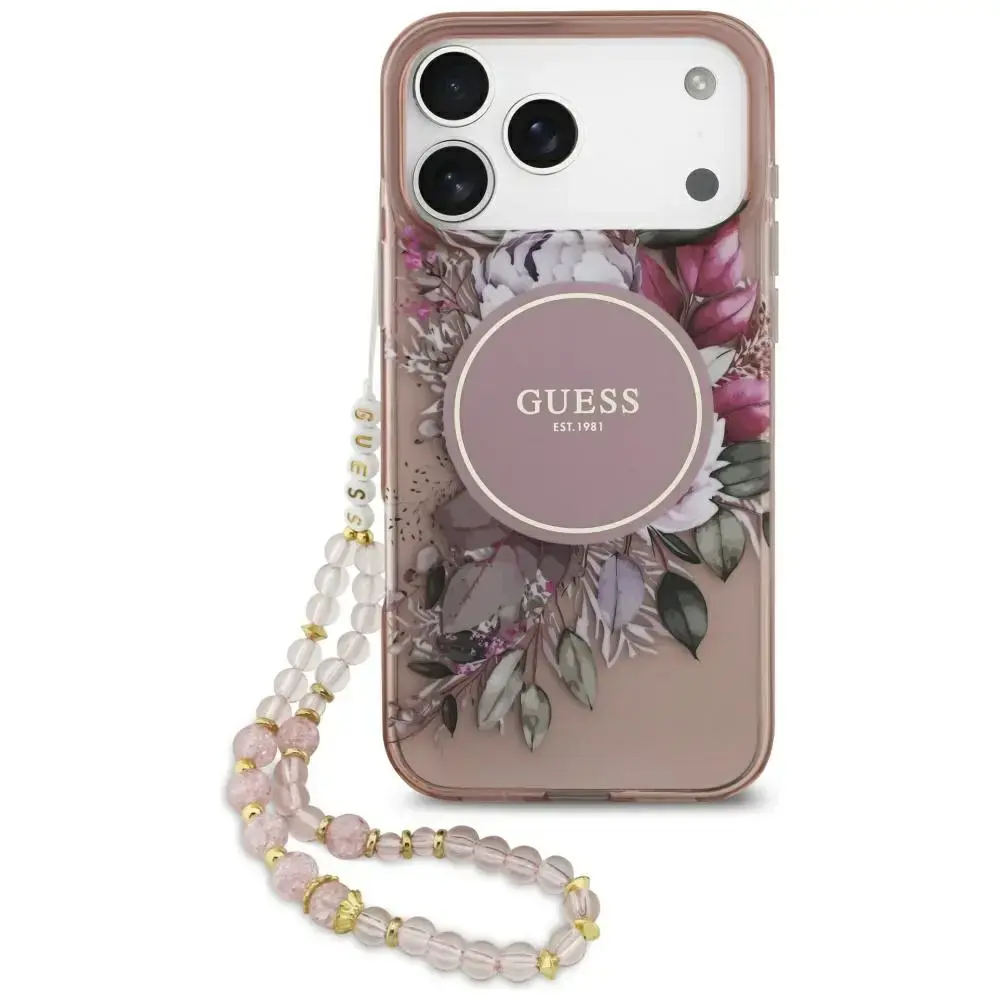 Guess IML Flowers Strap MagSafe Case for iPhone 17 Pro Max Pink