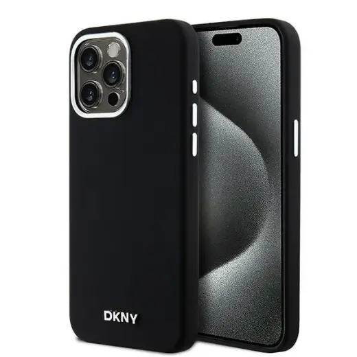 DKNY DKHMP15XSMCHLK Liquid Silicone Small Metal Logo maciņš ar MagSafe atbalstu telefonam iPhone 15 Pro Max melns