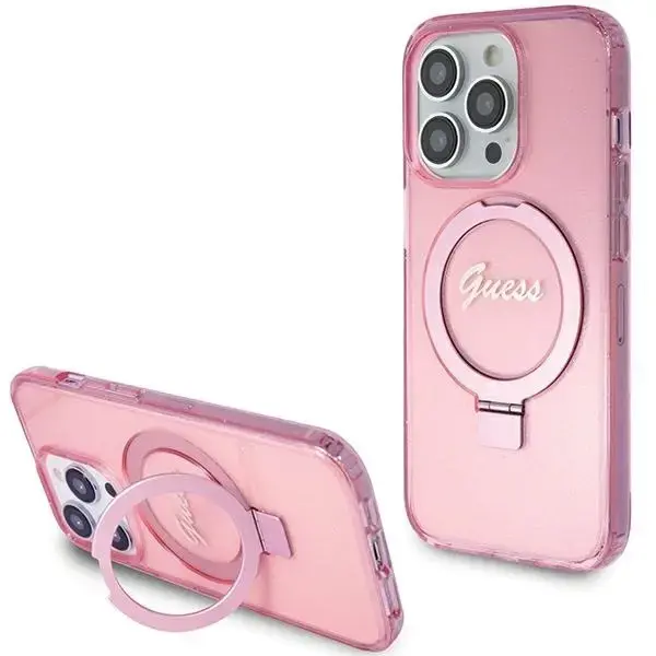 Guess Ring Stand Script Glitter MagSafe case for iPhone 15 Pro - pink
