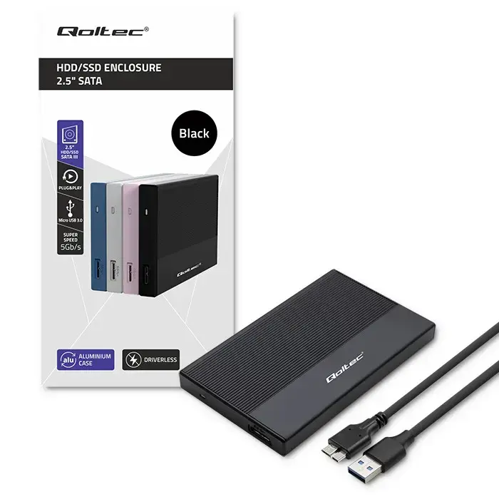 Qoltec Aluminium Enclosure | SSD HDD 2.5'' drive | SATA | USB 3.0 | Super speed 5Gb/s | 2TB | Black