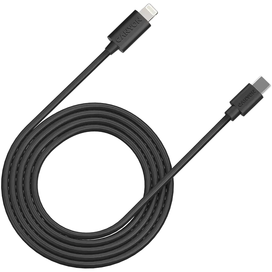 CANYON СFI-12, cable Type C to lightning ,5V3A, 9V2.22A ,PD20W, power cord:18AWG*4C, Signal cord:28AWG*4C, data transfer speed:30M/s, OD4.5MM,2M, PVC, black, Rohs