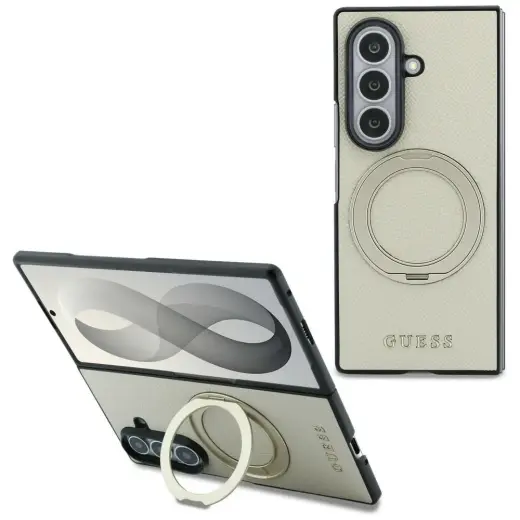 Guess Grained Classic Logo maciņš ar statīvu un MagSafe atbalstu telefonam Samsung Galaxy Z Fold 8 Ultra (F976) bēšs