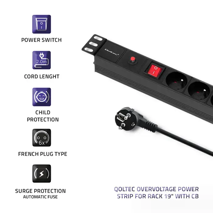 Qoltec Overvoltage power strip  for RACK 19" with CB | 1U | 16A | PDU | 6xFRENCH | 2m