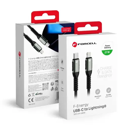 Forcell C259 duomenų perdavimo ir įkrovimo laidas | USB-C į Lightning | PD | 27W | 3m | juodas