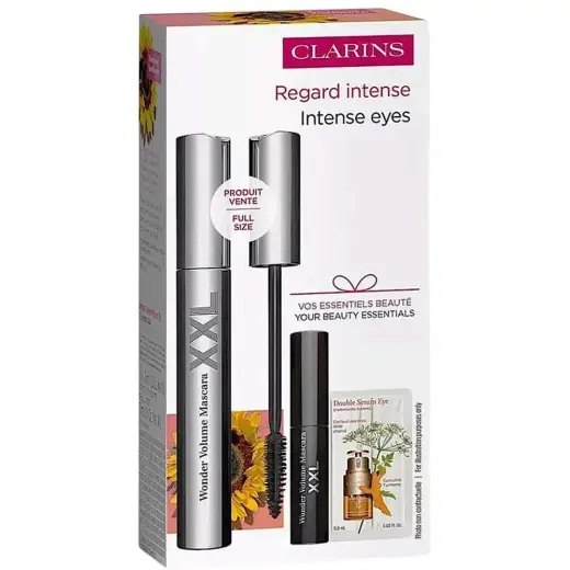 Set Clarins: Wonder Volume, Volumising, Mascara, Black, 8 ml + Wonder Volume, Volumising, Mascara, Black, 3 ml *Miniature + Double, Anti-Ageing, Serum, For Face, 0.9 ml *Sample
