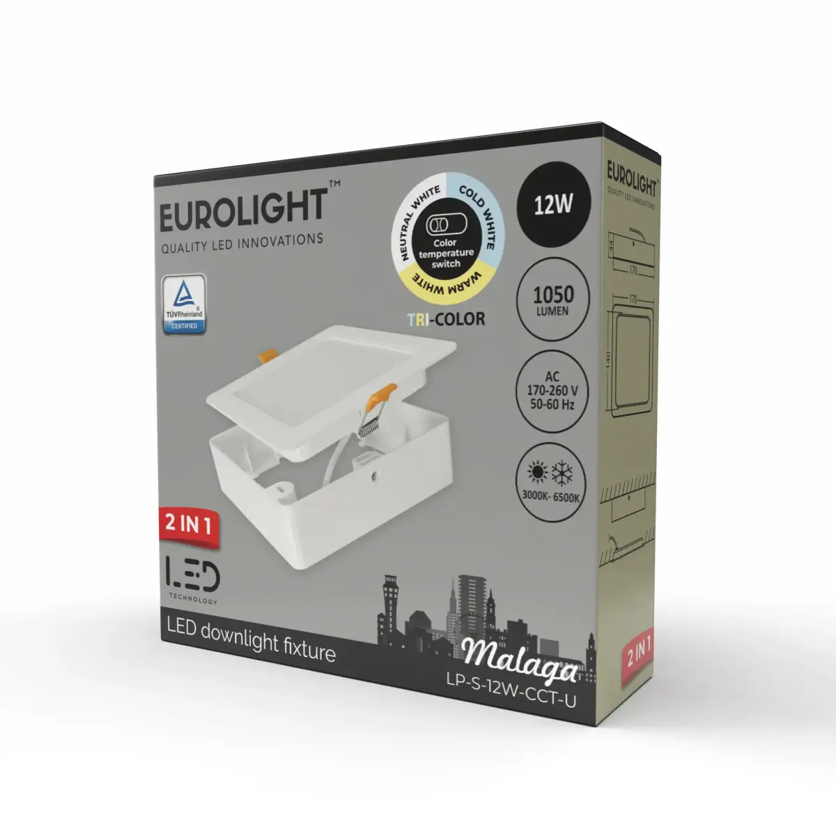 MALAGA LED panelė, kvadratinė,  universali 12W 85lm/W CRI80+ CCT Eurolight