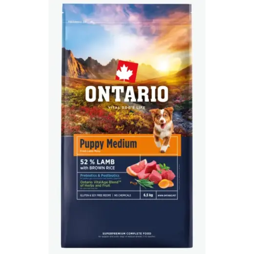 Barība kucēniem – Ontario Puppy Medium, Lamb and Brown Rice, 6,5 kg