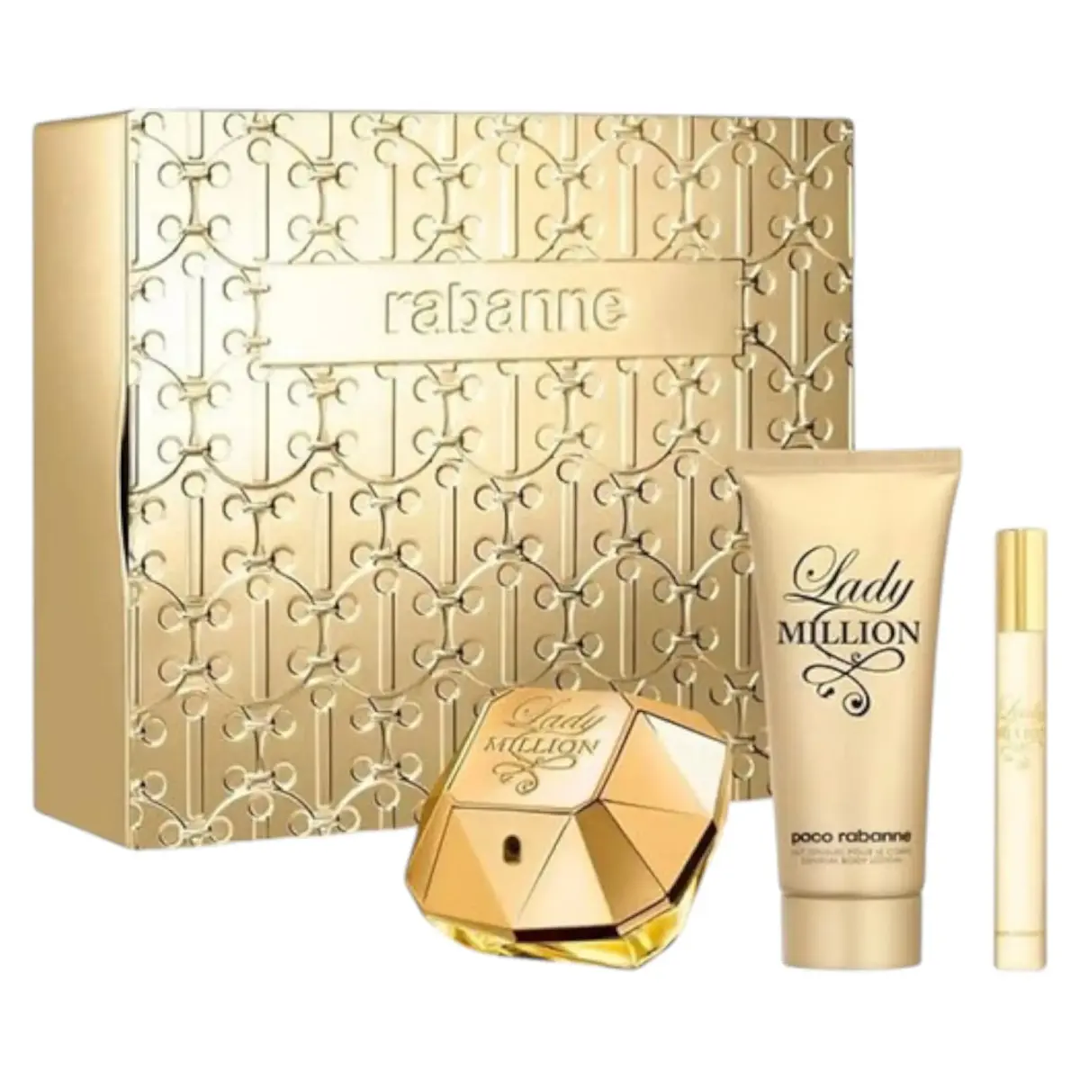 Set Paco Rabanne: Lady Million, Eau De Parfum, For Women, 80 ml + Lady Million, Eau De Parfum, For Women, 5 ml *Miniature + Lady Million, Hydrate, *None, Body Lotion, 100 ml
