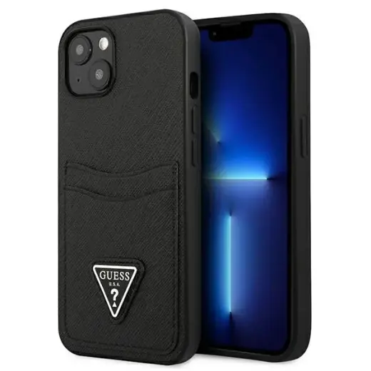 Guess iPhone 13 | 14 Melns cietā vāka čeks ar trijstūra logotipu un kartes slotu