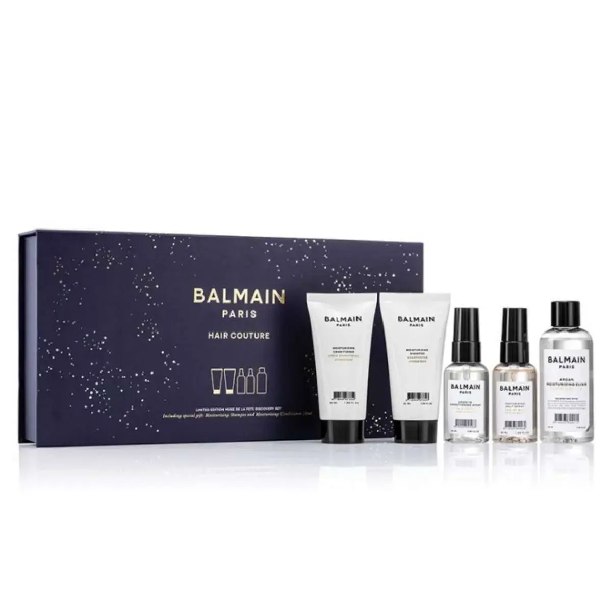 Set Balmain Professionnel: Moisturizing, Hair Shampoo, For Hydration, 50 ml + Moisturizing, Hair Conditioner, For Hydration, 50 ml + Balmain Professionnel, Salt Spray, For Definition & Texture, Light Hold, 50 ml + Argan Moisturising Elixir, Hair Oil, For Nourishing, 100 ml + Balmain Professionnel, Argan Oil, Hair Leave-In Conditioner, For Hydrate/Detangle & Shine, 50 ml