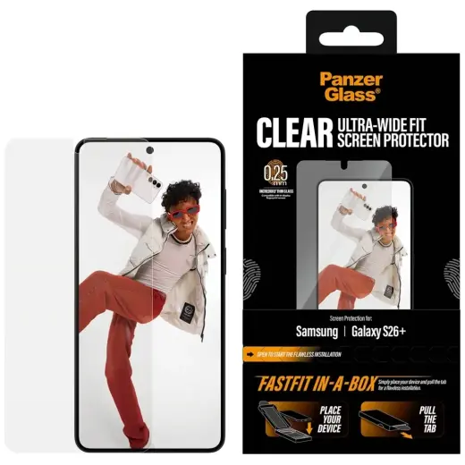 PanzerGlass Ultra-Wide Fit FastFit karastatud kaitseklaas telefonile Galaxy S26+ paigaldusraamiga