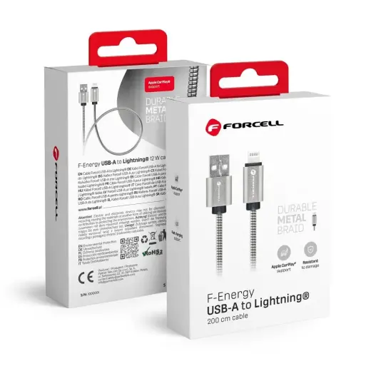 Forcell F-Energy C236 duomenų perdavimo ir įkrovimo laidas | USB-A į Lightning | 12W | 2m | sidabrinis