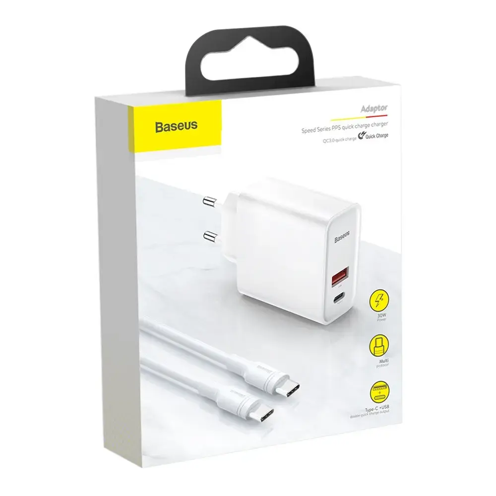 Baseus TZCAFS-A02 Universāls Tīkla Lādētājs USB | Type-C | PD | 20V | 5A + Type-C Vads 1M Balts