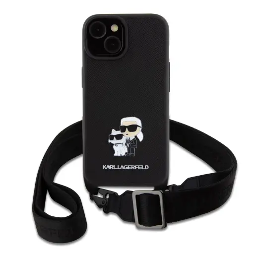 Karl Lagerfeld Saffiano Crossbody Metal Karl and Choupette Case for iPhone 15 Black