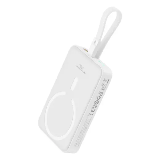 Baseus Magnetic Mini ārējais akumulators (powerbank) | 10000 mAh | 20W | USB-C, Lightning, MagSafe, Bezvadu | balts