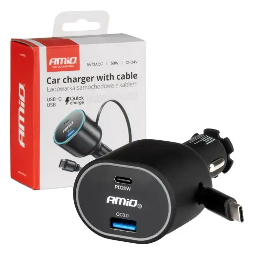 AMiO 04176 auto lādētājs | 20W | PD, QC | USB-A, USB-C | ar USB-A uz USB-C vadu komplektā