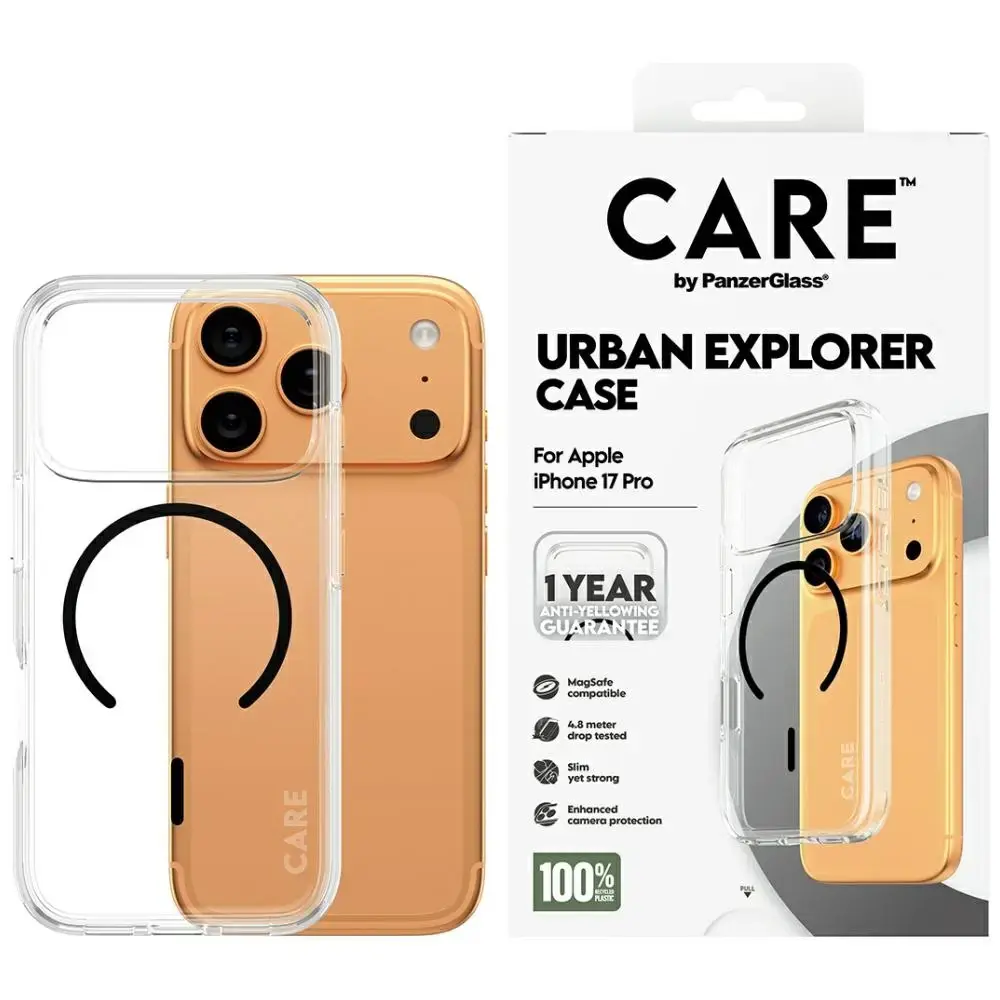 Case CARE by PanzerGlass Flagship Urban Explorer w. Black MagSafe for iPhone 17 Pro transparent