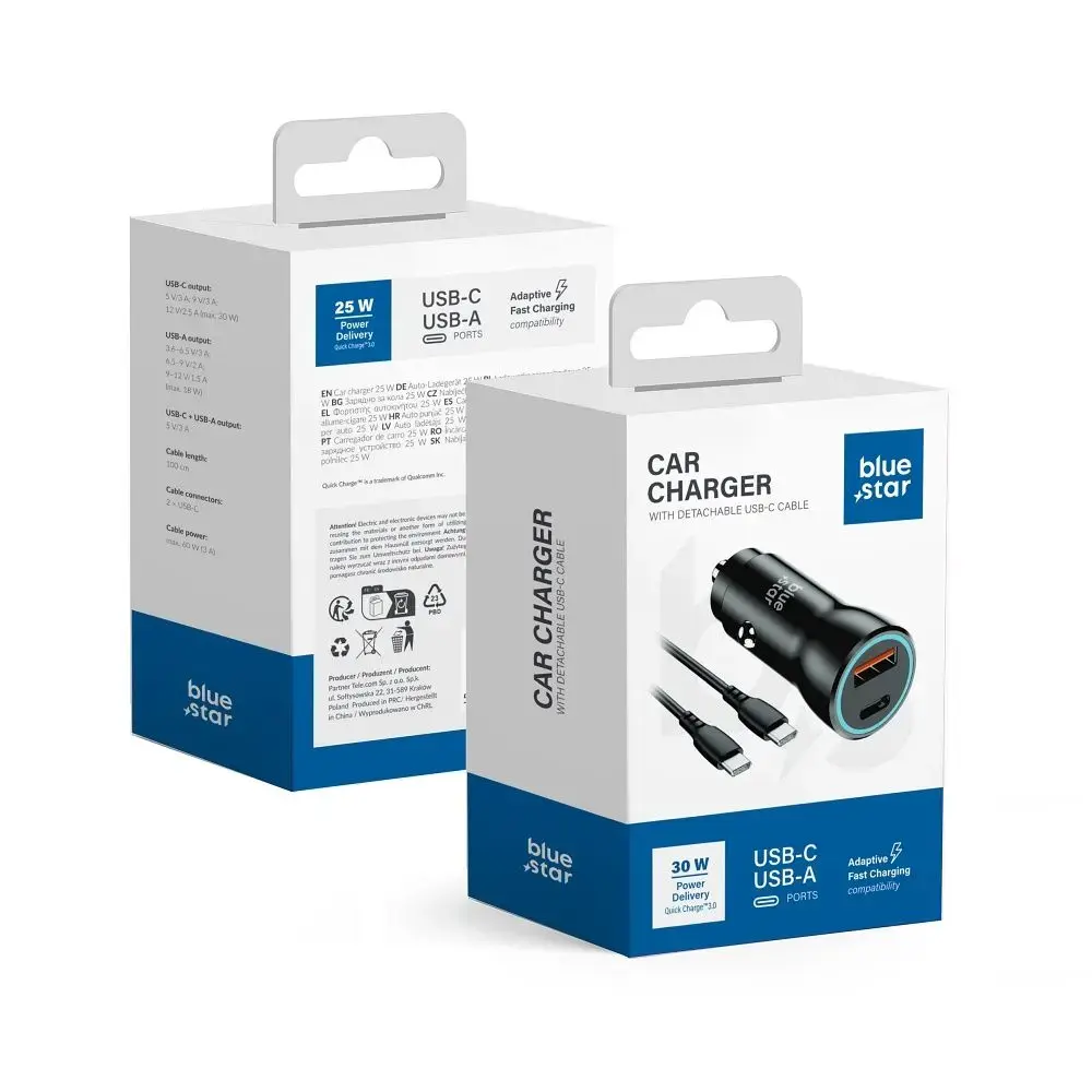 Blue Star auto lādētājs | 30W | PD, QC, PPS | USB-C, USB-A | ar USB-C uz USB-C vadu komplektā | melns