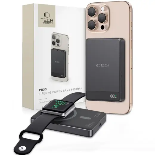 Tech-Protect PB33 LifeMag ārējais akumulators (powerbank) | 5000 mAh | 15W | USB-C, MagSafe | LED ekrāns | melns