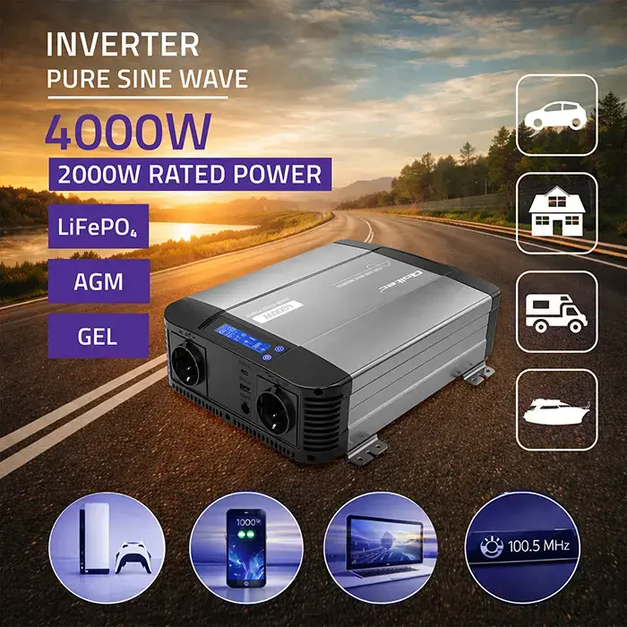 Qoltec Pure Sine Wave Inverter | 12V to 230V | 2000/4000W | LCD | USB | USC-C | Compatible with LiFePO4 GEL AGM