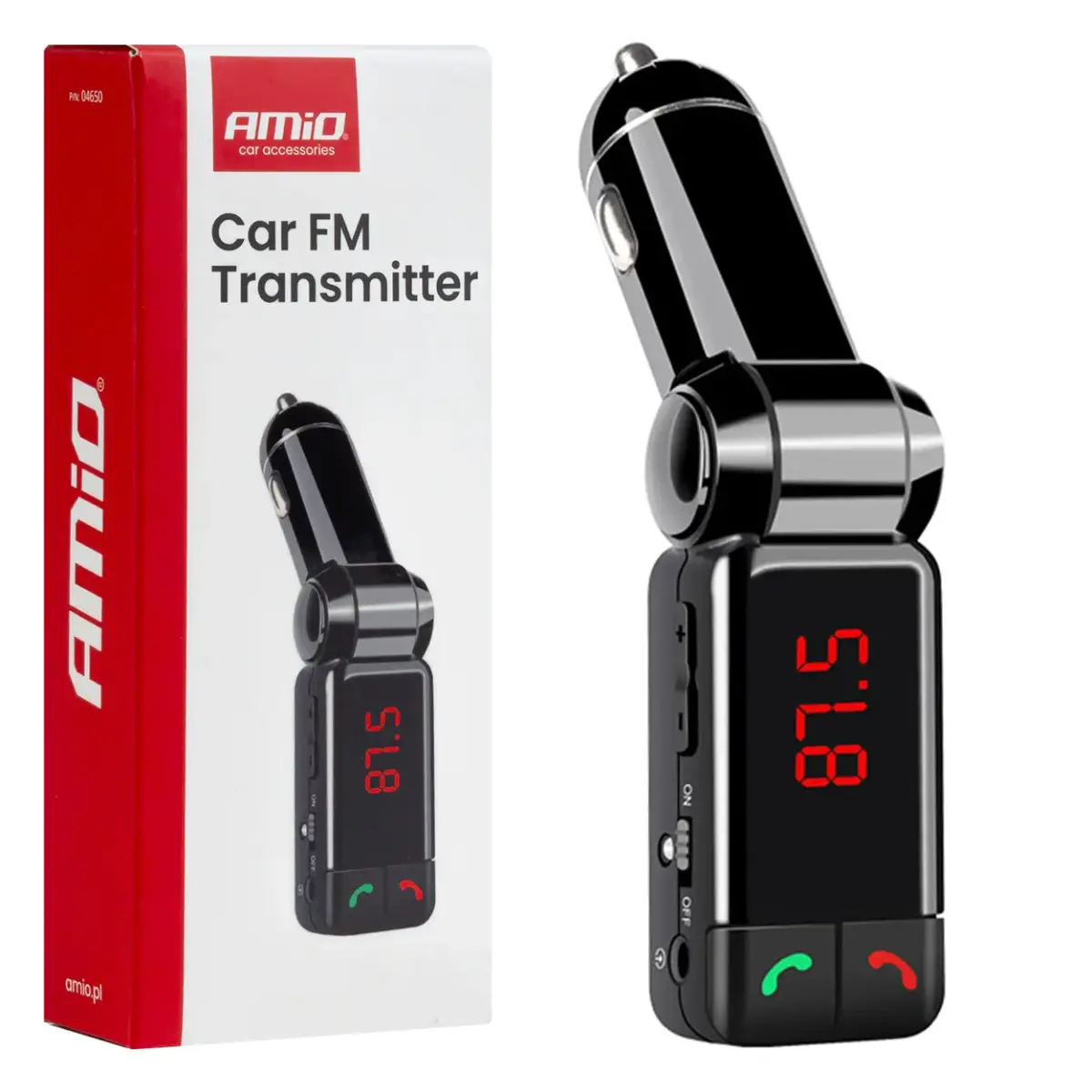 Car FM Transmitter 2×USB-A 12V 24V AMIO-04650