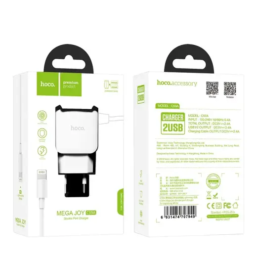 Hoco C59A Universāls Tīkla Lādētājs 2 x USB | 5V | 2.4A + Lightning Vads 1M Balts