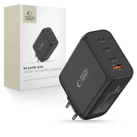 Tech-Protect NC200W-GaN reisilaadija | 200W | PD, QC, GaN | USB-C, USB-A | must