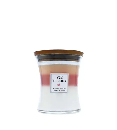 WoodWick Trilogy Blooming Orchard scented candle with wooden wick 275 g
