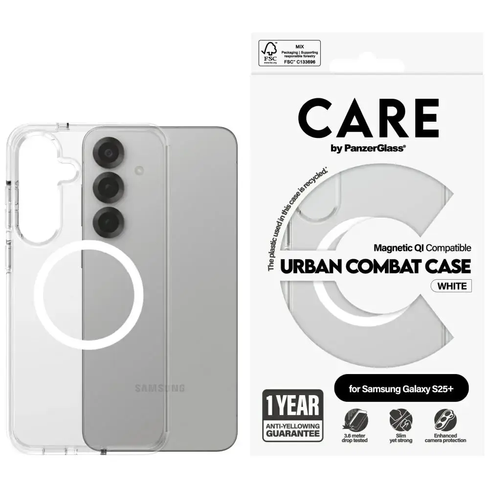 Etui CARE by PanzerGlass Flagship Urban   Combat QI do Samsung Galaxy S25+ przezroczysty-biały