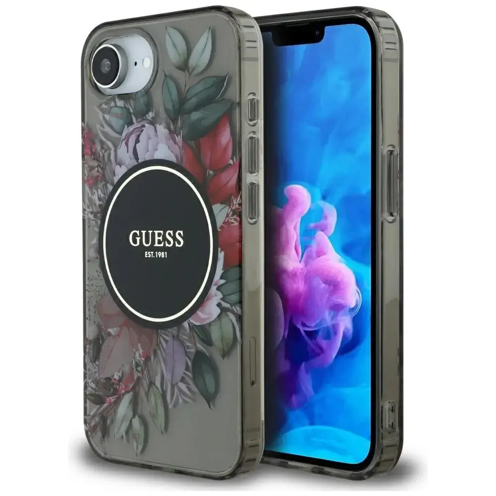 Guess IML Flowers telefona maciņš priekš iPhone 16e melns ar MagSafe