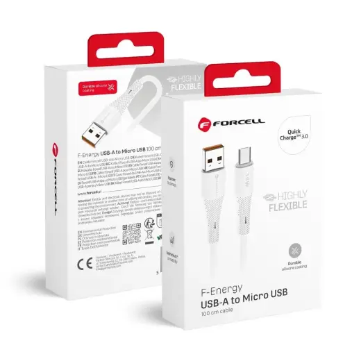 Forcell F-Energy C341 duomenų perdavimo ir įkrovimo laidas | USB-A į Micro USB | QC 3.0 | 18W | 1m | baltas