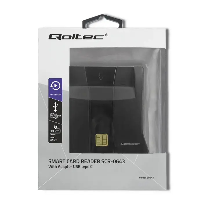 Qoltec Smart ID chip card reader SCR-0643|USB 2.0 + USB-C Adapter
