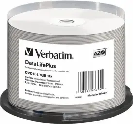 Matricas DVD-R AZO Verbatim 4.7GB 16x Wide Printable non ID,50 Pack Spindle