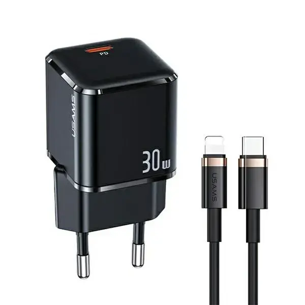 USAMS T45 tīkla lādētājs | 30W | PD3.0 | USB-C | USB-C uz Lightning vads komplektā | melns