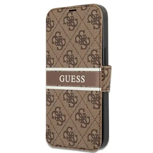 Guess GUBKP13L4GDBR 4G Printed Stripe knyginio tipo telefono dėklas iPhone 13 Pro rudas