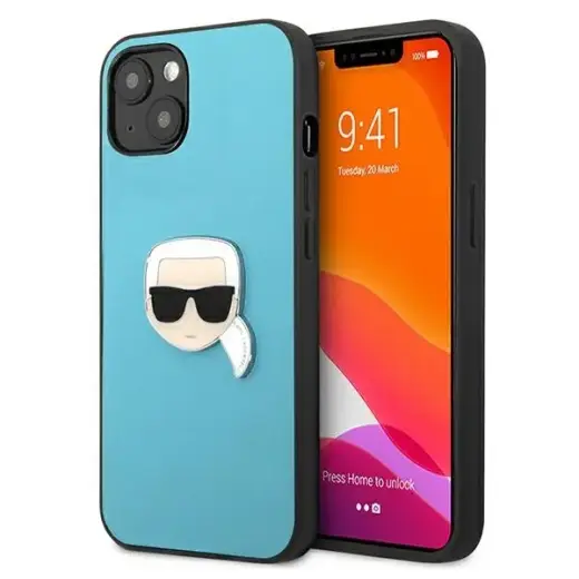 Karl Lagerfeld KLHCP13SPKMB Leather Ikonik Karl's Head Metal telefoni ümbris iPhone 13 Mini sinine