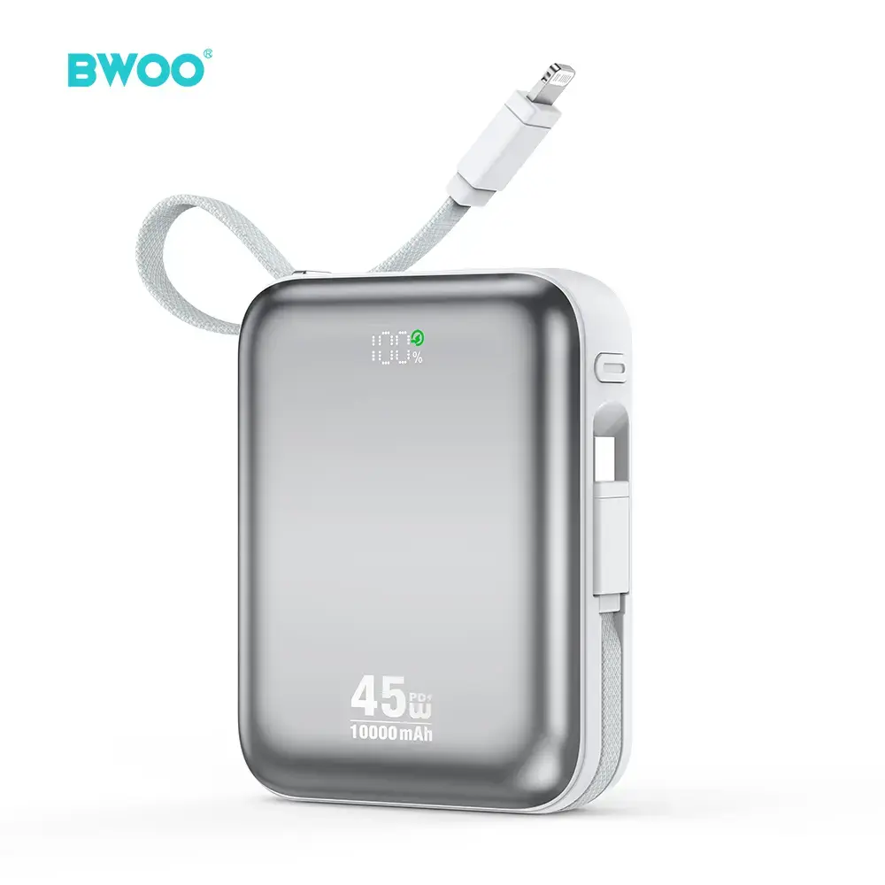 BWOO P77 ārējais akumulators (powerbank) | 10 000 mAh | 45W | PD | USB-C, Lightning | pelēks