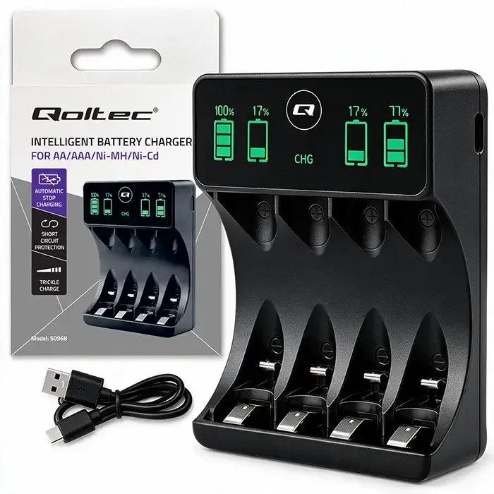 Qoltec Battery Charger for Ni-MH type R03 AAA R6 AA | LCD | USB-C cable | Black