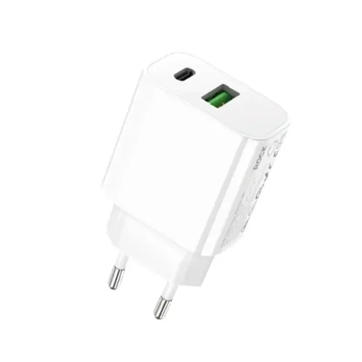 Rock T43 travel charger | 20W | QC3.0, PD | USB-A, USB-C | white