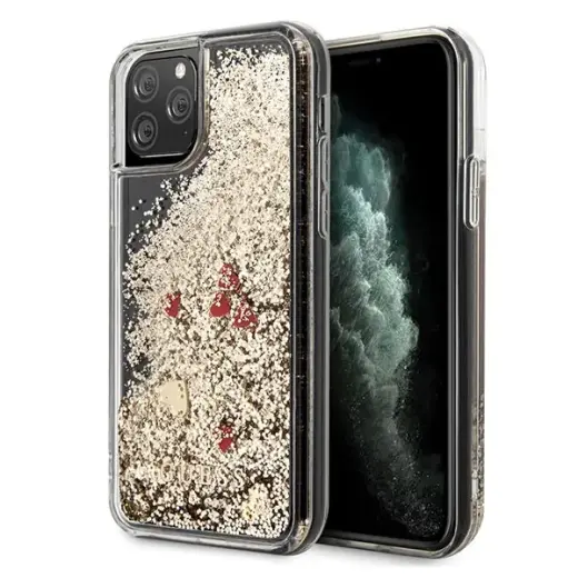Guess GUHCN58GLHREGO iPhone 11 Pro gold|złoty hard case Liquid Glitter Hearts