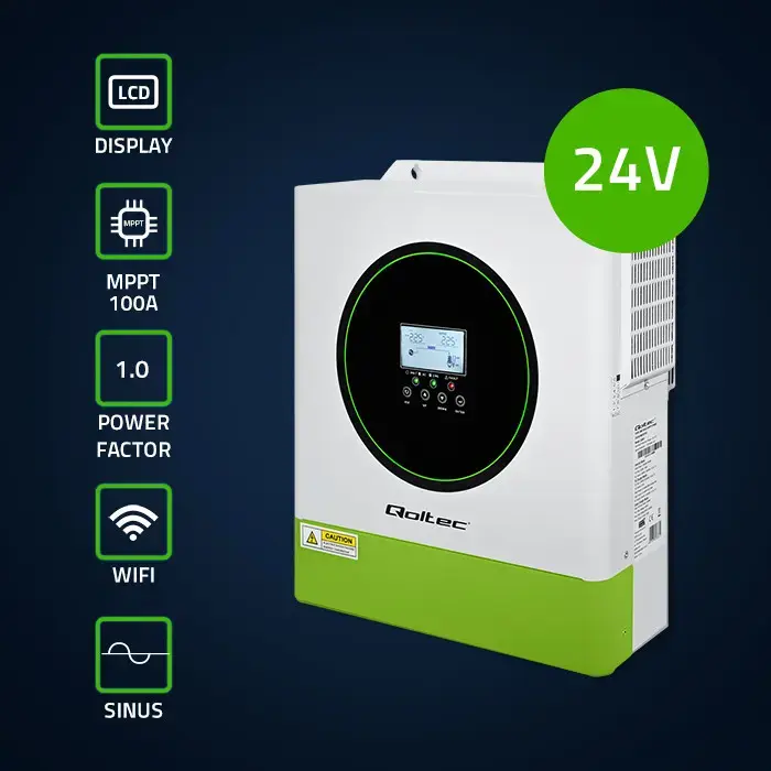 Qoltec Hybrid Solar Inverter Off-Grid 3500W | 100A | 24V| MPPT | BMS |  AGM GEL LiFePO4 | Wi-Fi option | Sinus | Power factor 1.0