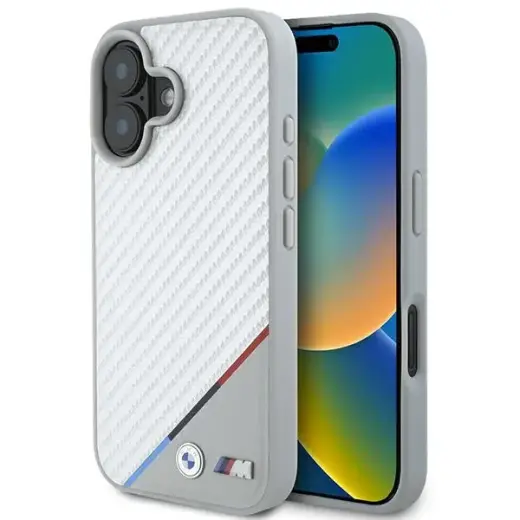 BMW BMHMP16S23PUDTS M Carbon Tricolor Line чехол с поддержкой MagSafe для телефона iPhone 16 серый
