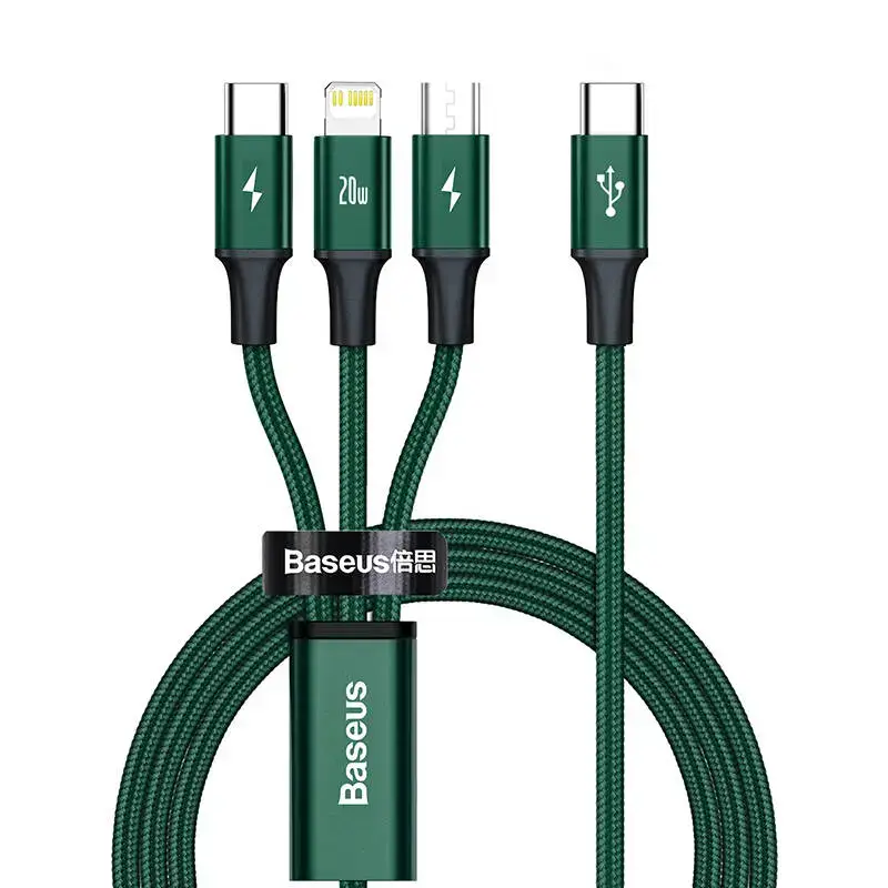 Baseus CAMLT-SC06 3-in-1 data transfer and charging cable | USB-C to USB-C, Lightning, Micro USB | 20W | 1.5m | green