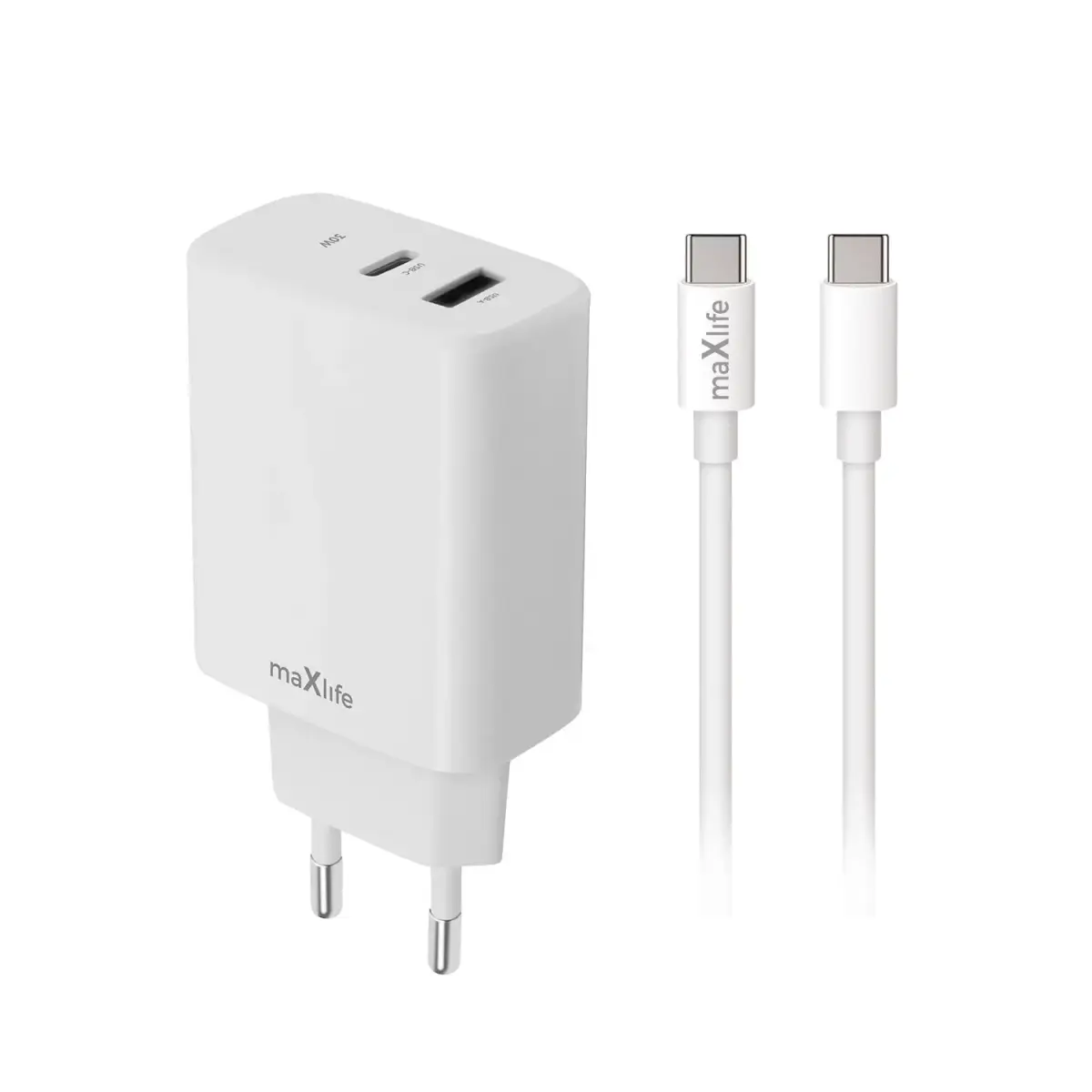 Maxlife MXTC-10 tīkla lādētājs | 20W | PD, QC, PPS | USB-C, USB-A | ar USB-C uz USB-C vadu komplektā | balts