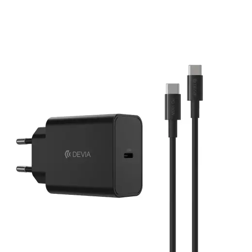 Devia Rocket kelioninis įkroviklis | 45W | PD | USB-C | su USB-C į USB-C laidu komplekte | juodas