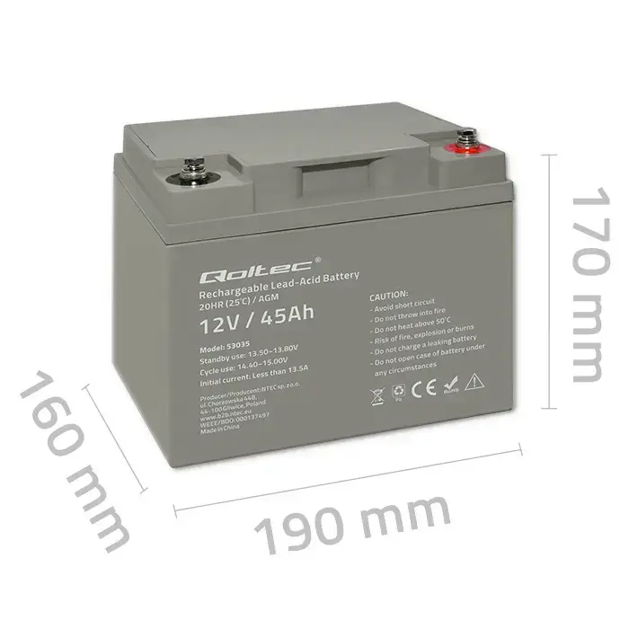 Qoltec AGM battery | 12V | 45Ah | Maintenance-free | Strong | LongLife | for UPS, RV, boat, heater